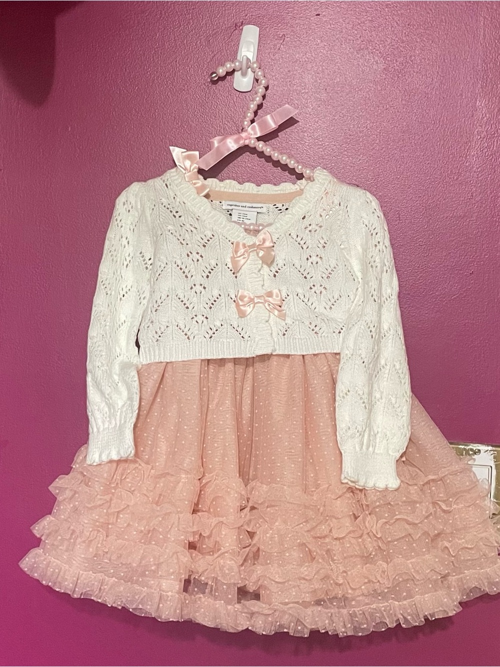 cupcakes & cashmere White Knit Bolero with Pink Ruffle Tulle Dress